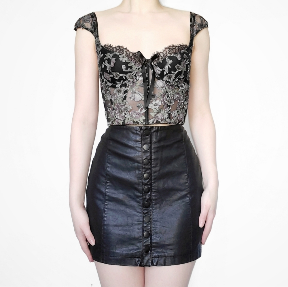 Free People Faux Leather Skin-Tight Formfitting Mini Skirt Black Button Down